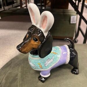 Whimsical Dachshund Figurine with Bunny Ears - Black and Brown